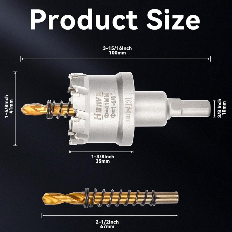 Henvo Hole Saw 1-5/8" (41mm) Heavy Duty Carbide with 2 Pilot Drill Bits - Metal Hole Cutter Cuts Stainless Steel, Iron, Copper, Brass, Plastic - Image 2